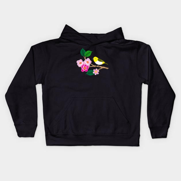 Japanese sakura flowers with yellow birds Kids Hoodie by Jennifer Ladd